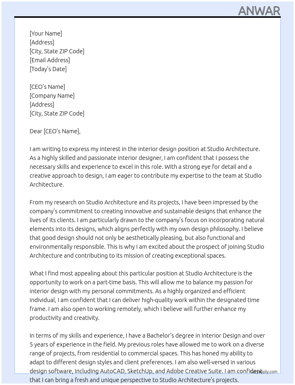 interior design At studio architecture Cover Letter