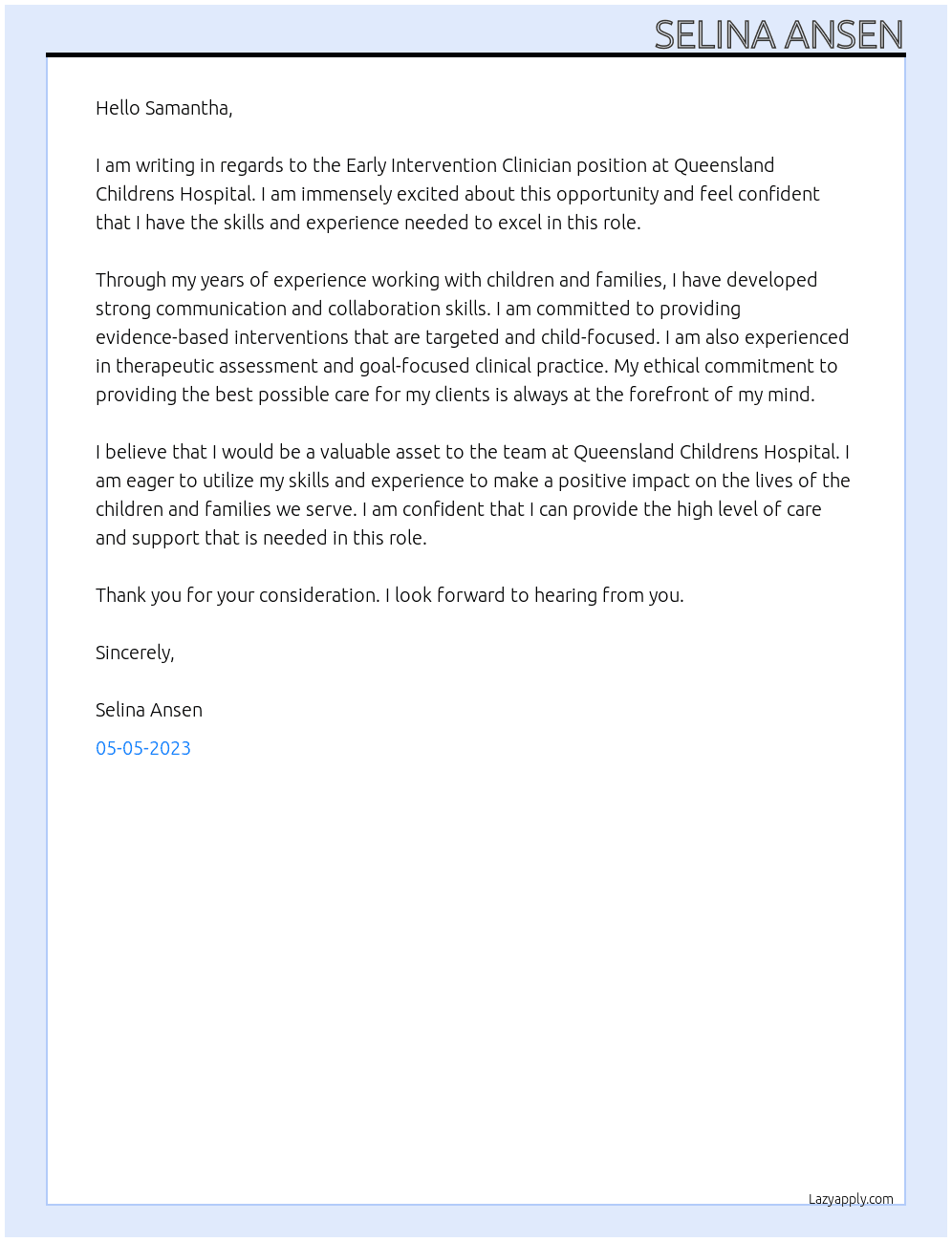 Early Intervention Clinician At Queensland Childrens Hospital Cover Letter