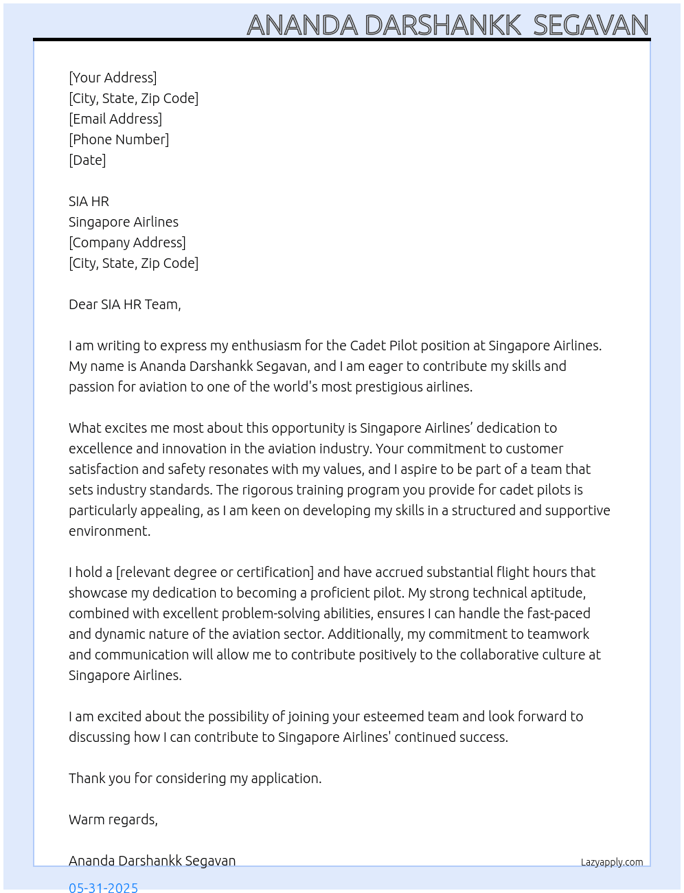 Singapore Airlines Cadet Pilot At Singapore Airlines Cover Letter