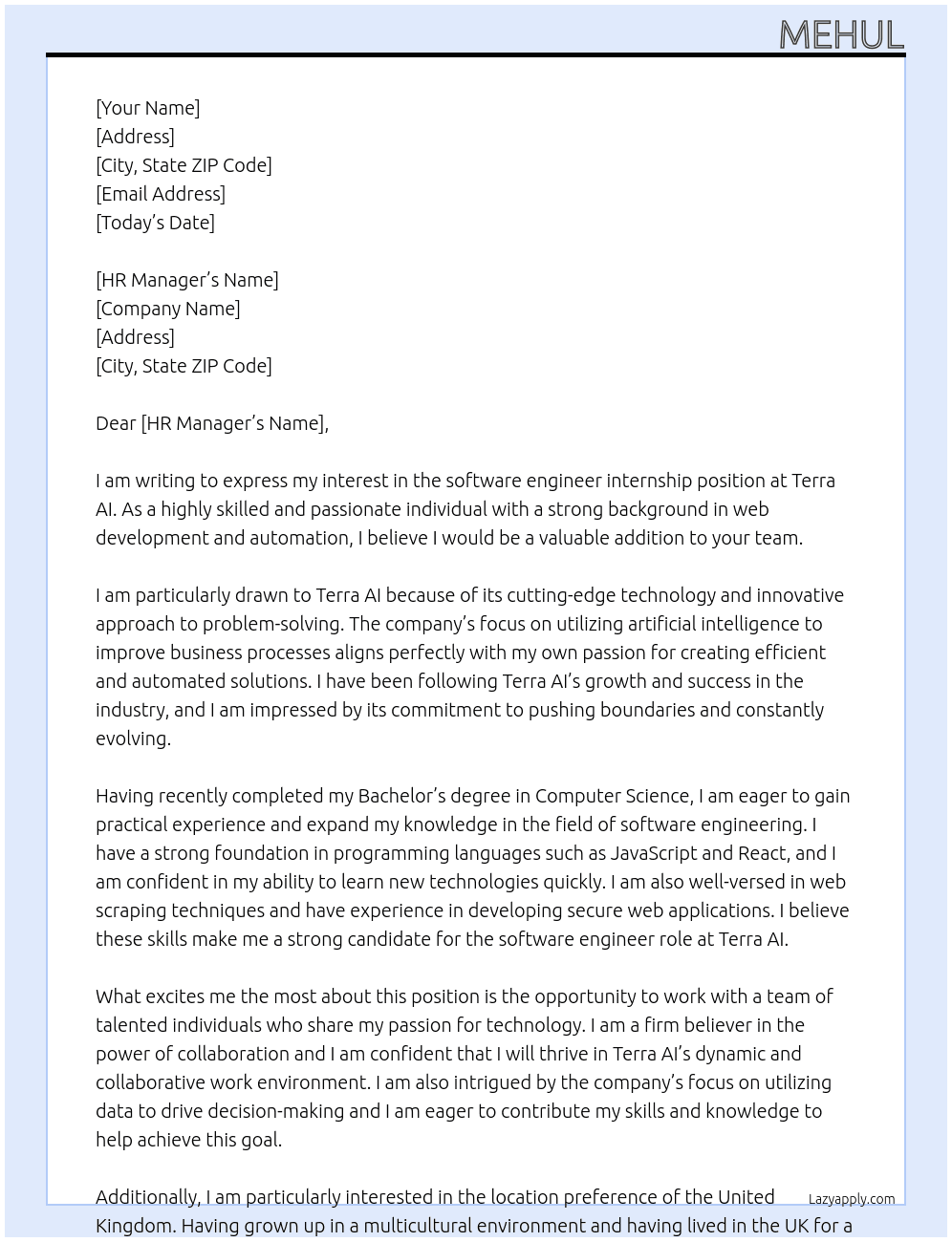 software engineer At Terra AI Cover Letter