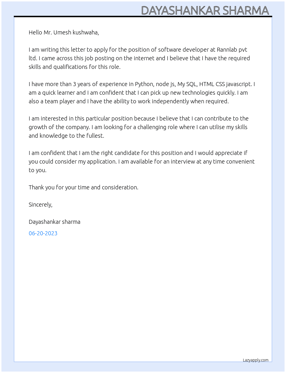 Software developer  At Rannlab pvt ltd  Cover Letter