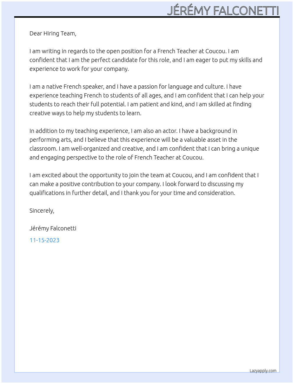 French Teacher At Coucou Cover Letter