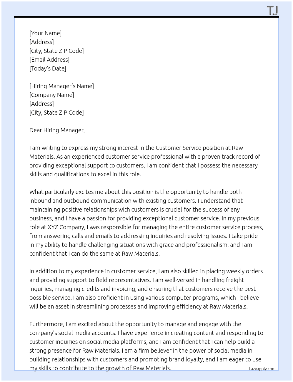 Customer service At Raw materials Cover Letter