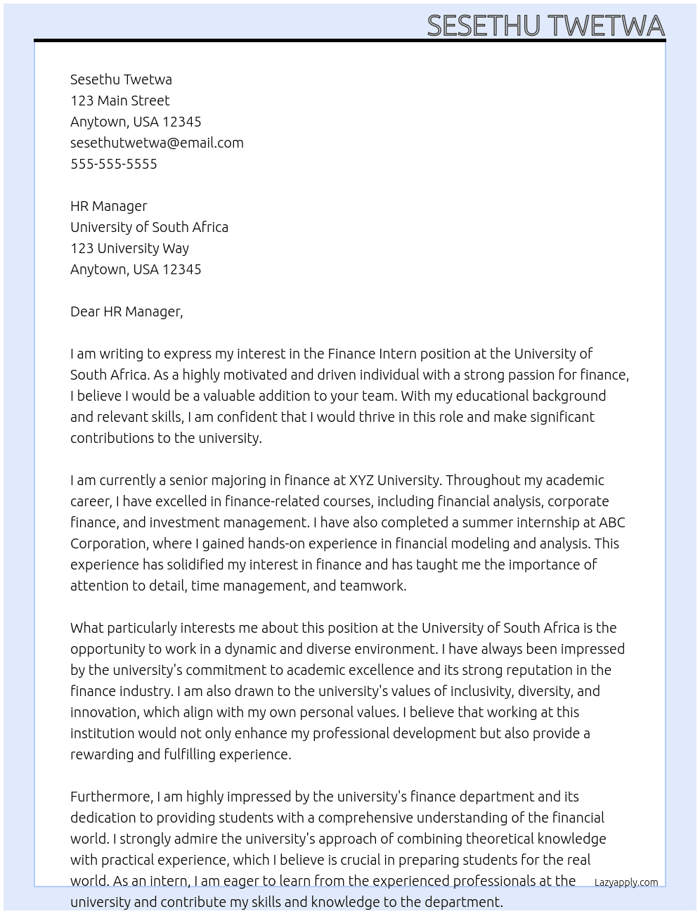 FINACE INTERN  At university of south africa Cover Letter