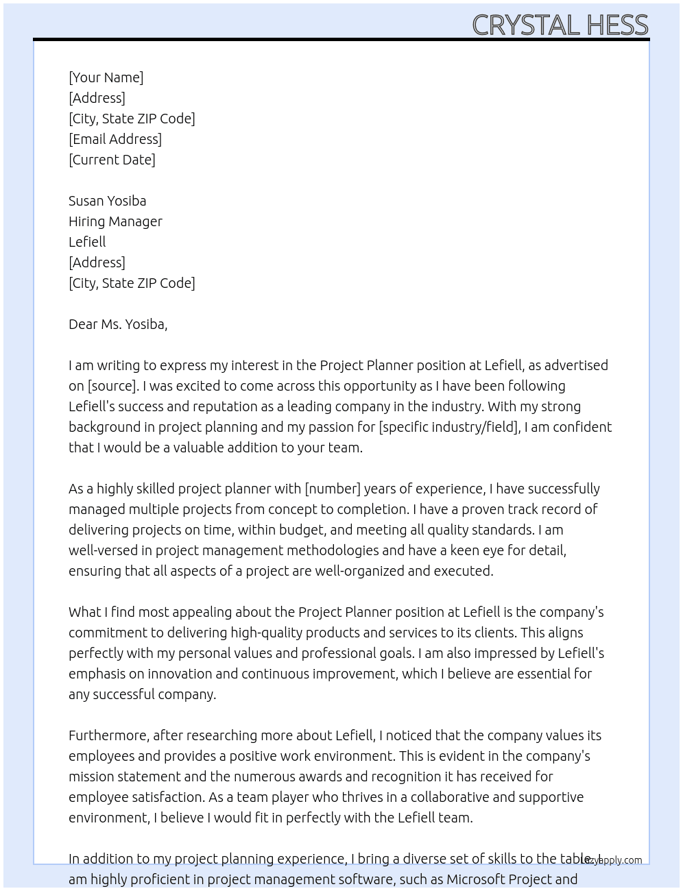 Project Planner At Lefiell Cover Letter