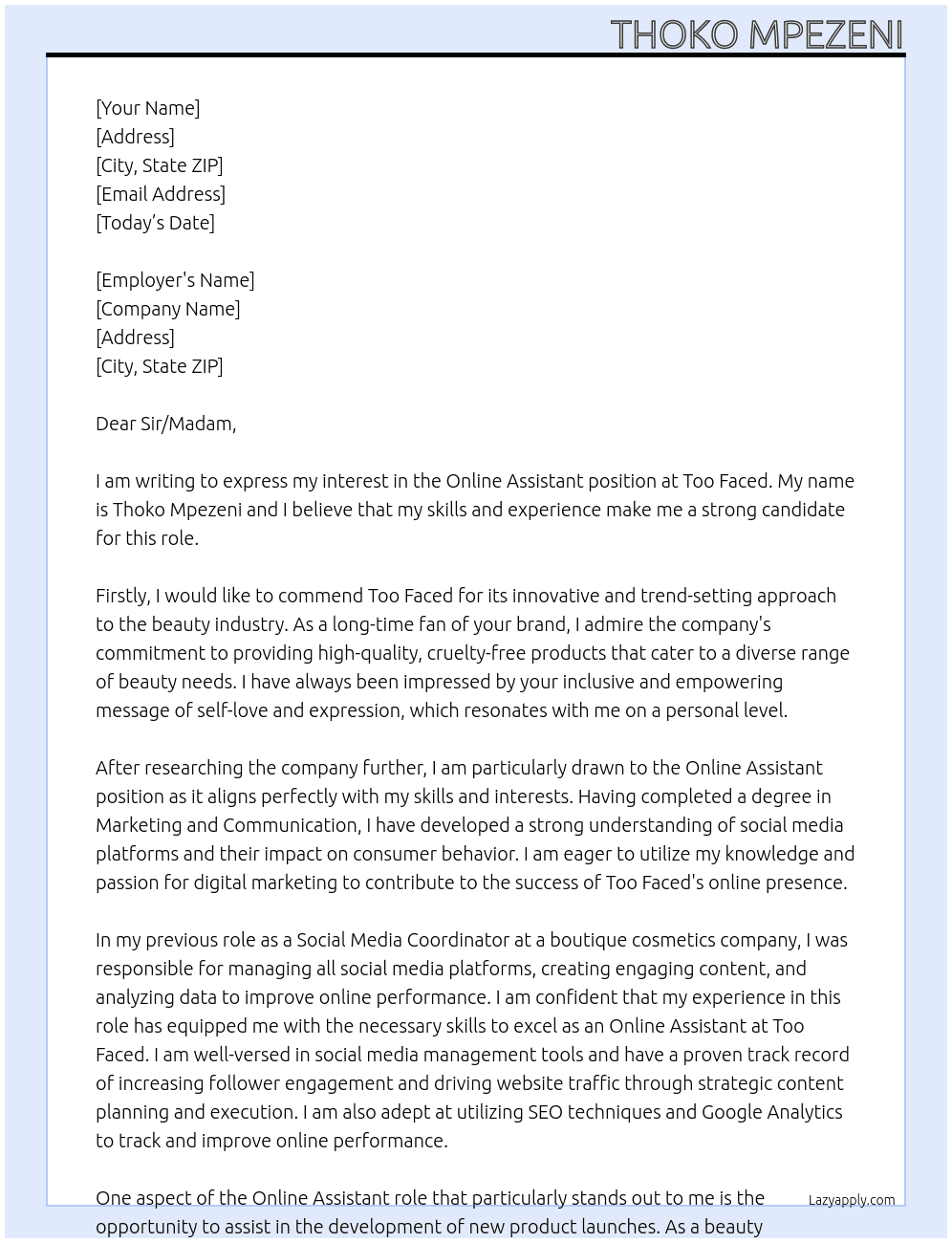 Online Assistant  At Too Faced Cover Letter