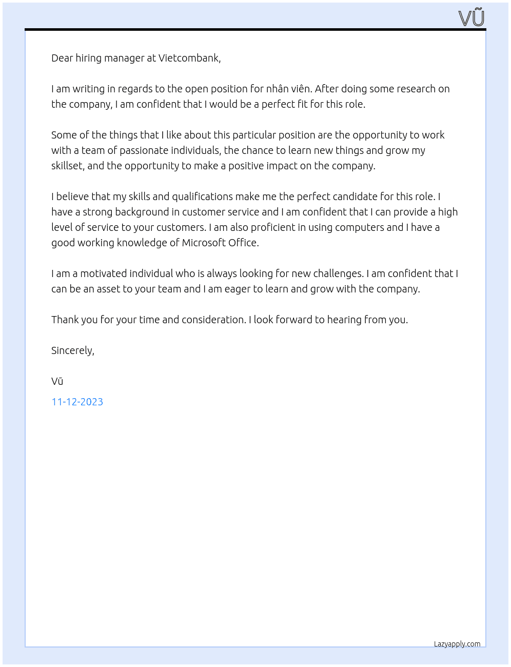 nhân viên At vietcombank Cover Letter