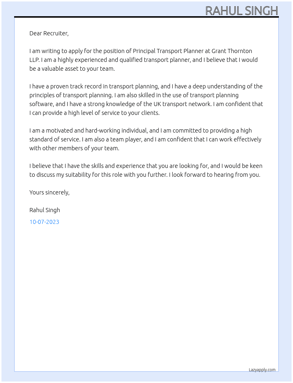 Principal Transport Planner At Grant Thornton LLP Cover Letter