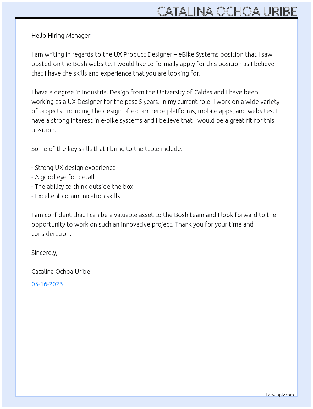 UX Product Designer eBike Systems (f/m/div.) At Bosh Cover Letter