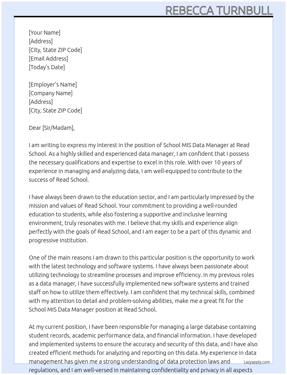 School MIS Data Manager At Read School Cover Letter