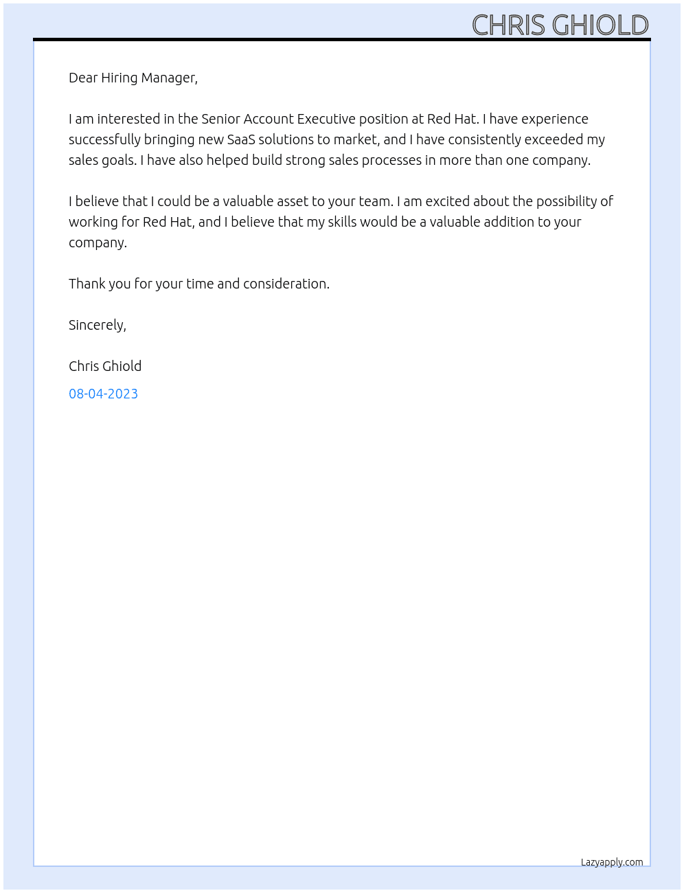 Senior Account Executive  At Red Hat Cover Letter