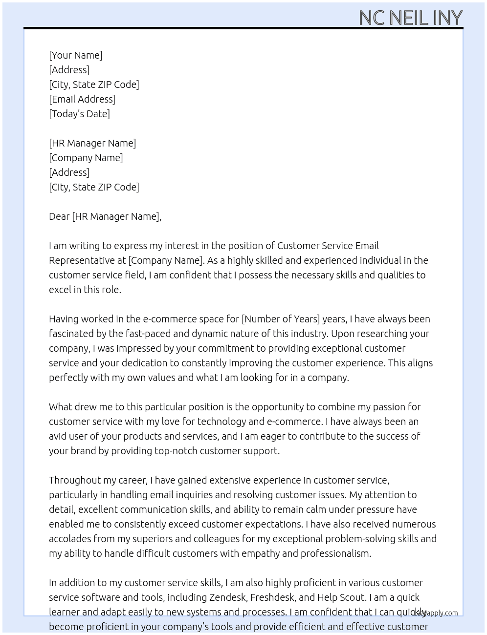 Customer Service Email Representative At e-commerce space Cover Letter