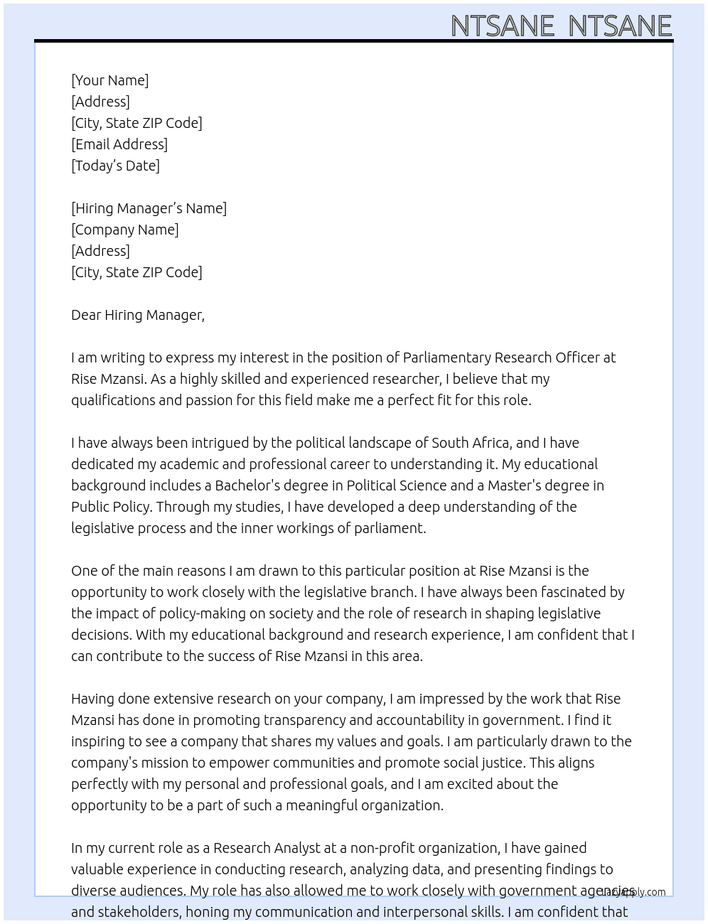 Parliamentary Research Officer At Rise Mzansi Cover Letter