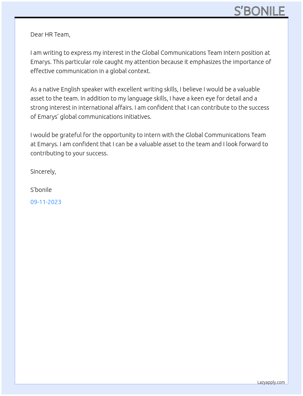 Global Communications Team Intern  At Emarys Cover Letter