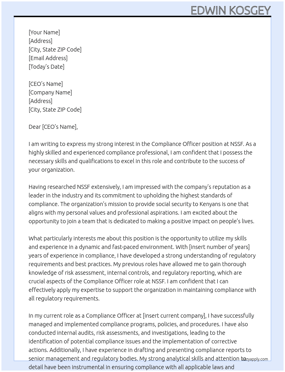 Compliance officer At NSSF Cover Letter