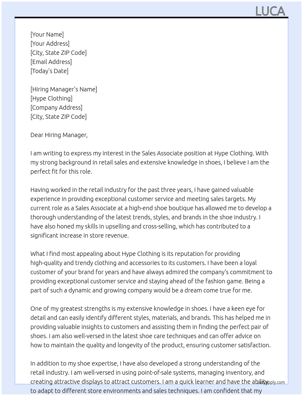 Sales Associate At Hype Clothinga Cover Letter