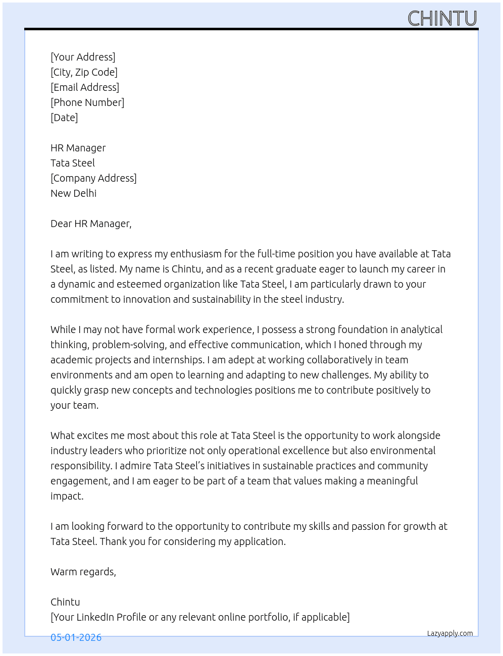 Fresher  At Tata steel  Cover Letter