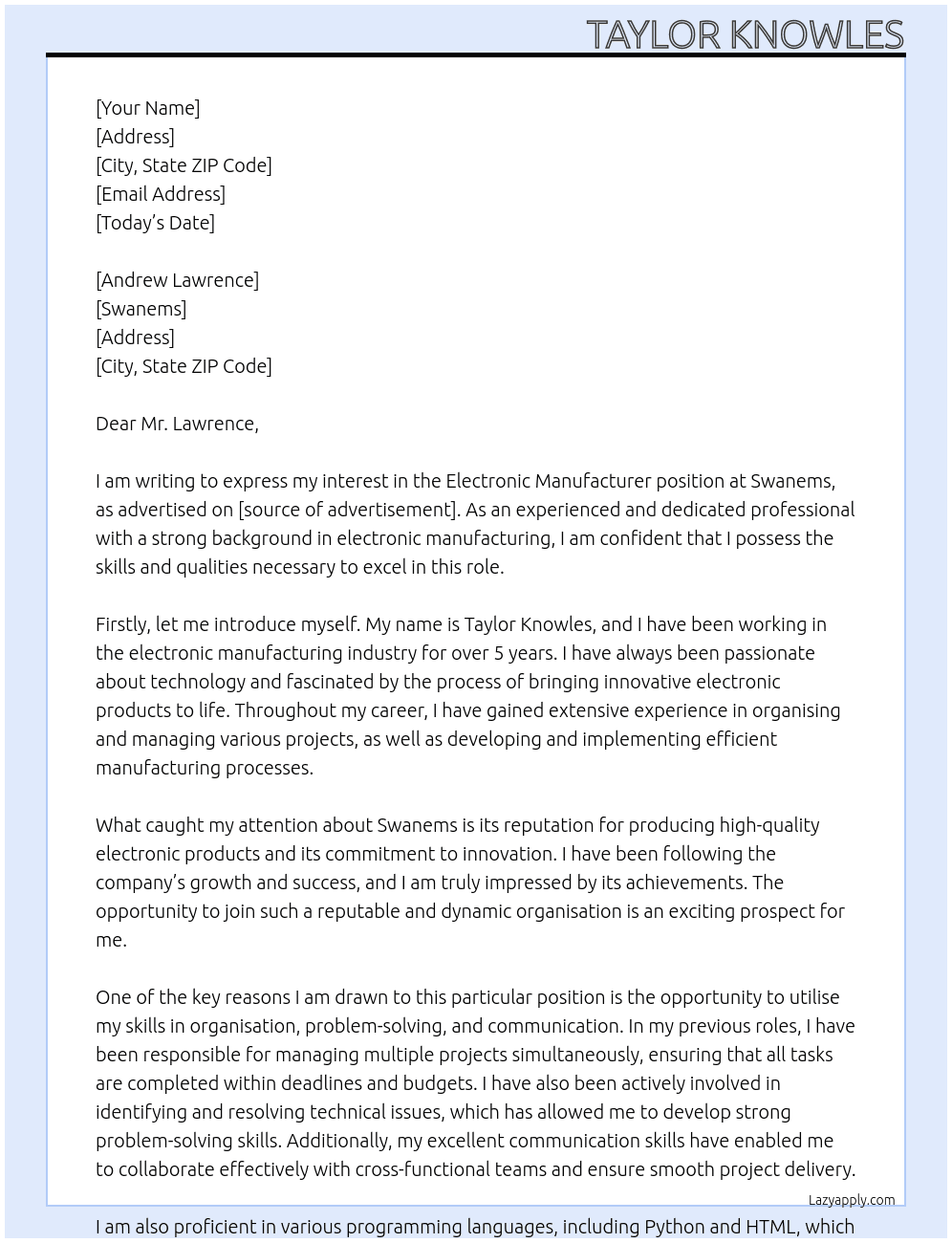 Electronic manufacturer At Swanems Cover Letter