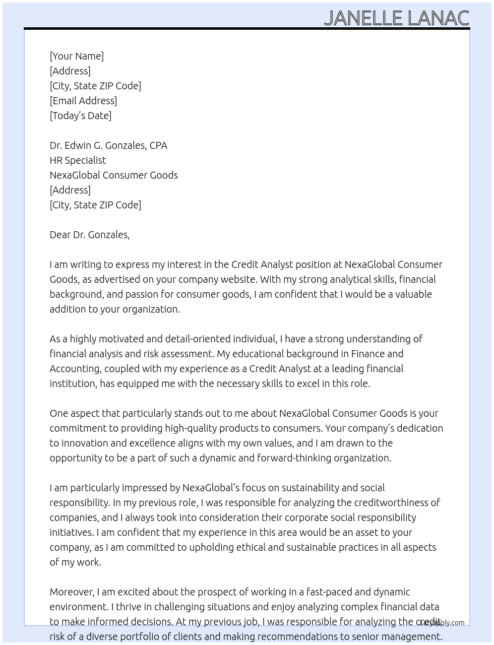 Credit Analyst  At NexaGlobal consumer goods  Cover Letter
