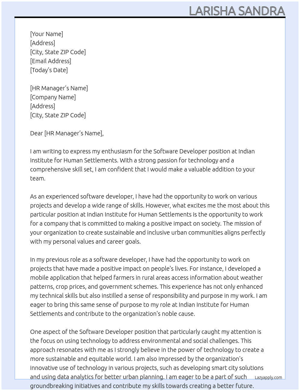 Software Developer  At Indian Institute For Human Settlements  Cover Letter