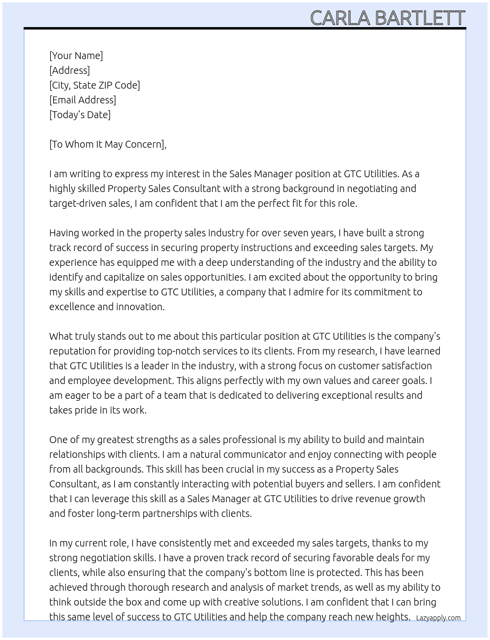 Sales Manager At GTC UTILITIES Cover Letter
