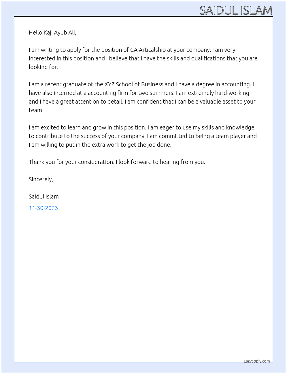 CA Articalship At KAJI AYUB ALI Cover Letter