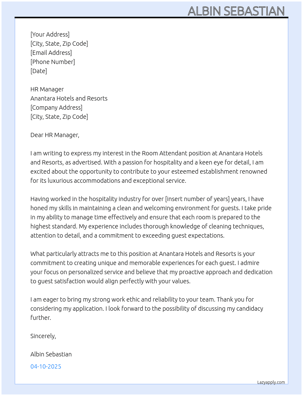 Room Attendant  At Anantara Hotels And Resorts  Cover Letter