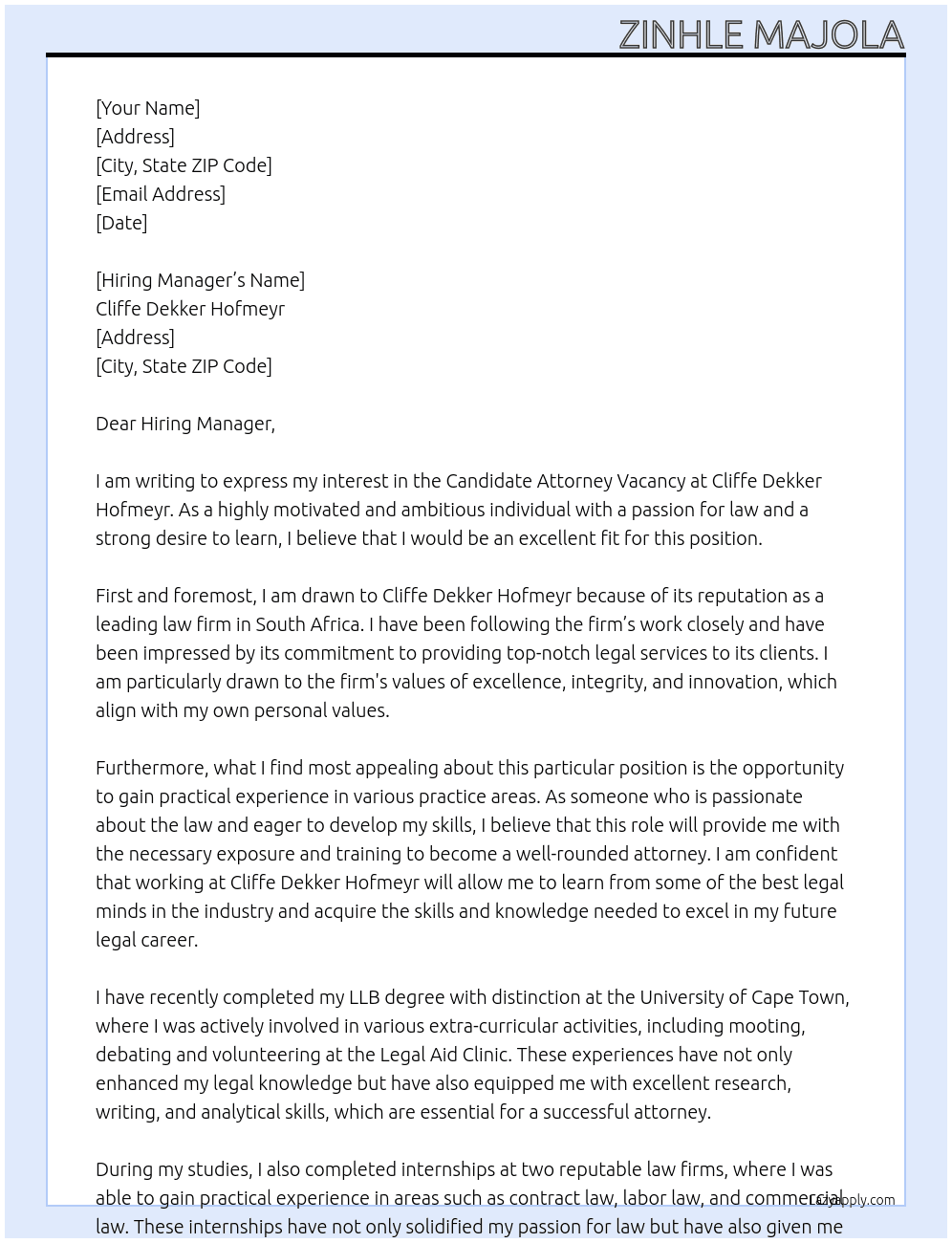 Candidate Attorney Vacancy  At Cliffe Dekker Hofmeyr  Cover Letter