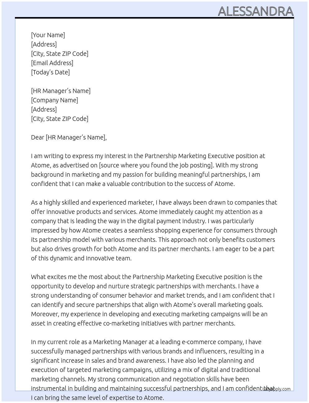 Partnership Marketing Executive At Atome Cover Letter