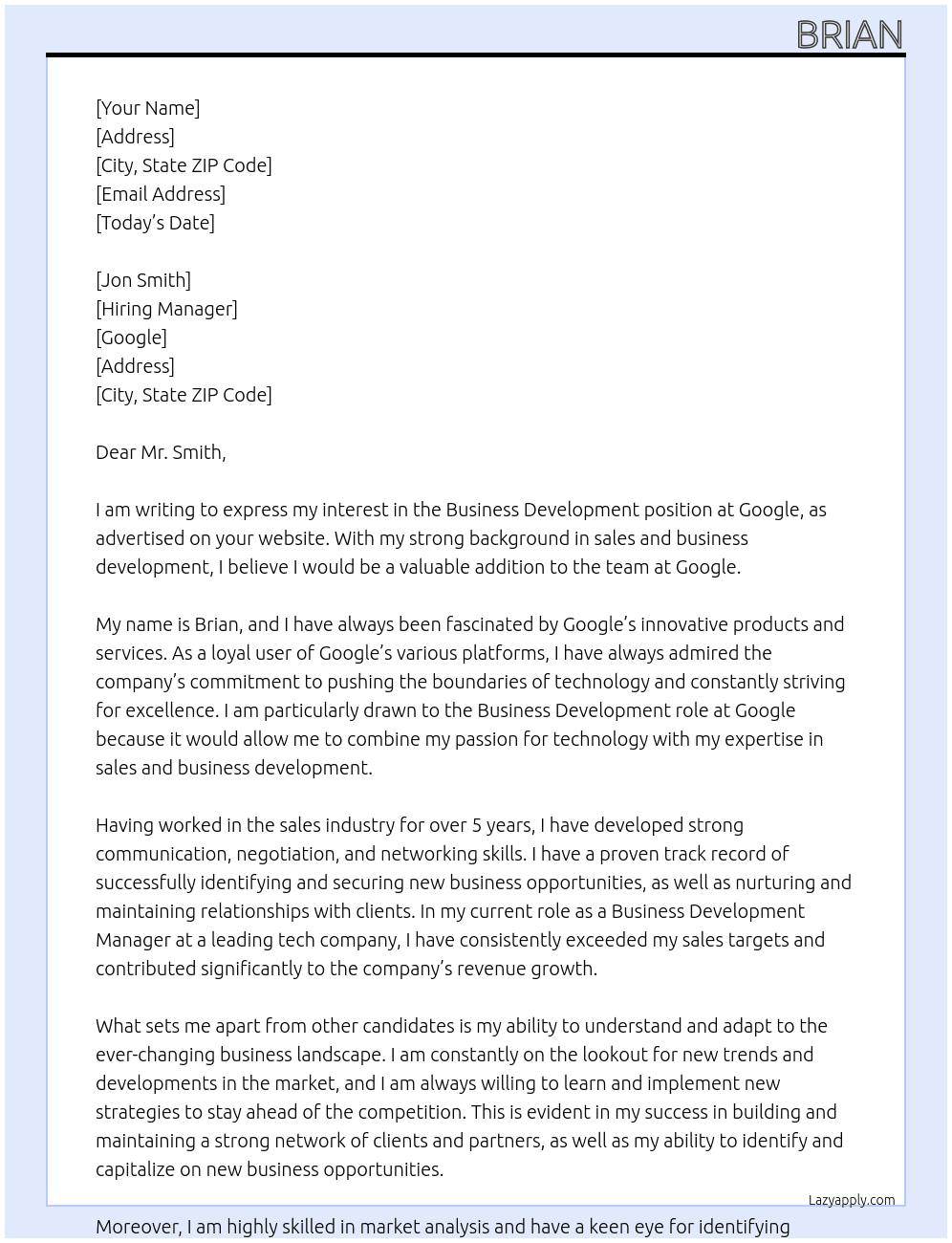 business development At Google Cover Letter