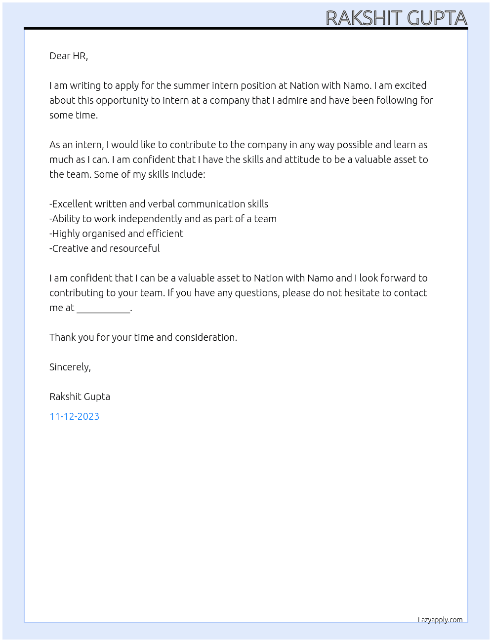 Summer Intern At Nation with Namo Cover Letter