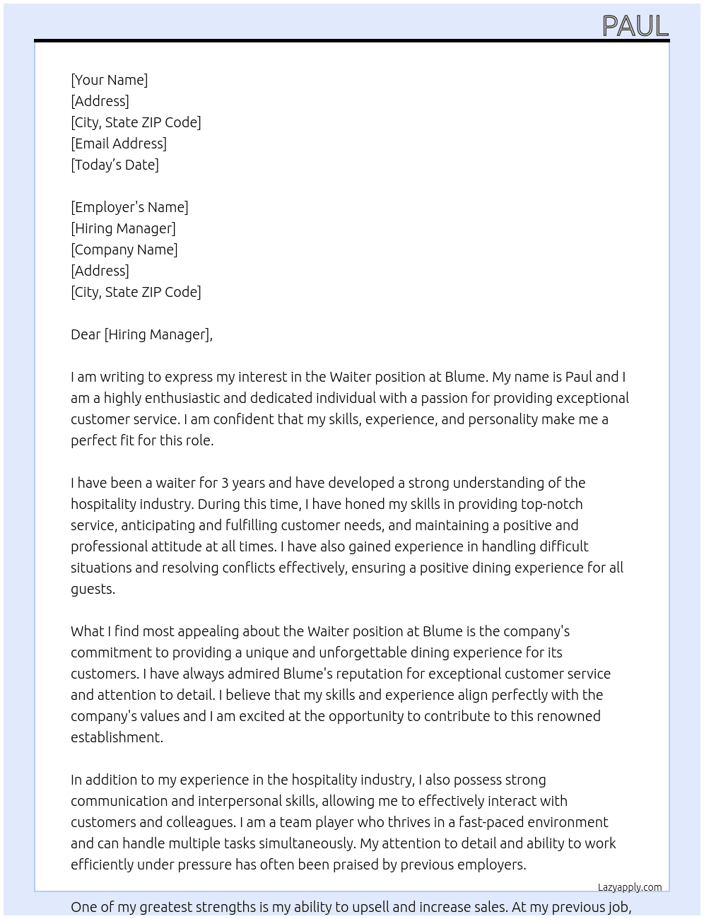 Waiter At Blume Cover Letter