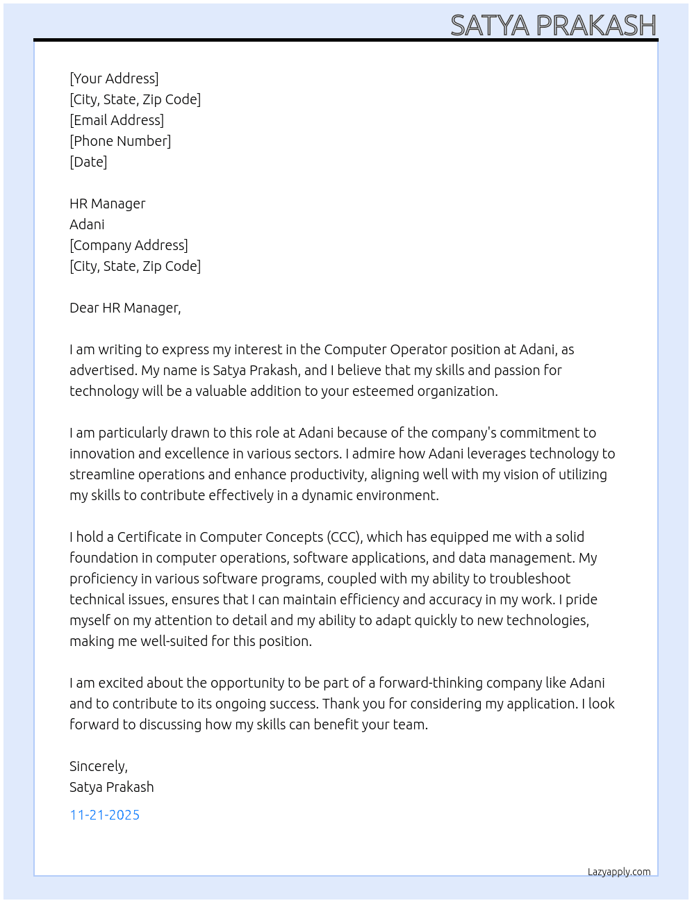 Computer operator  At Adani  Cover Letter