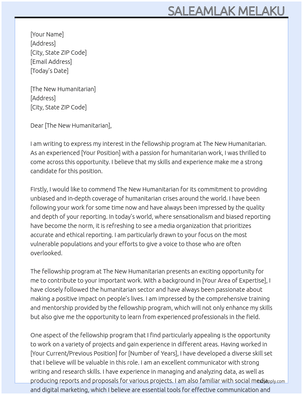 fellowship program At The New Humanitarian Cover Letter