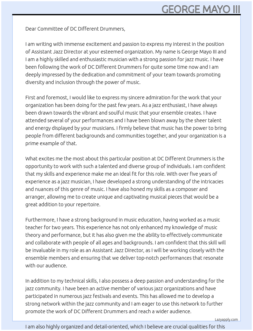 Assistant Jazz Director  At DC Different Drummers  Cover Letter
