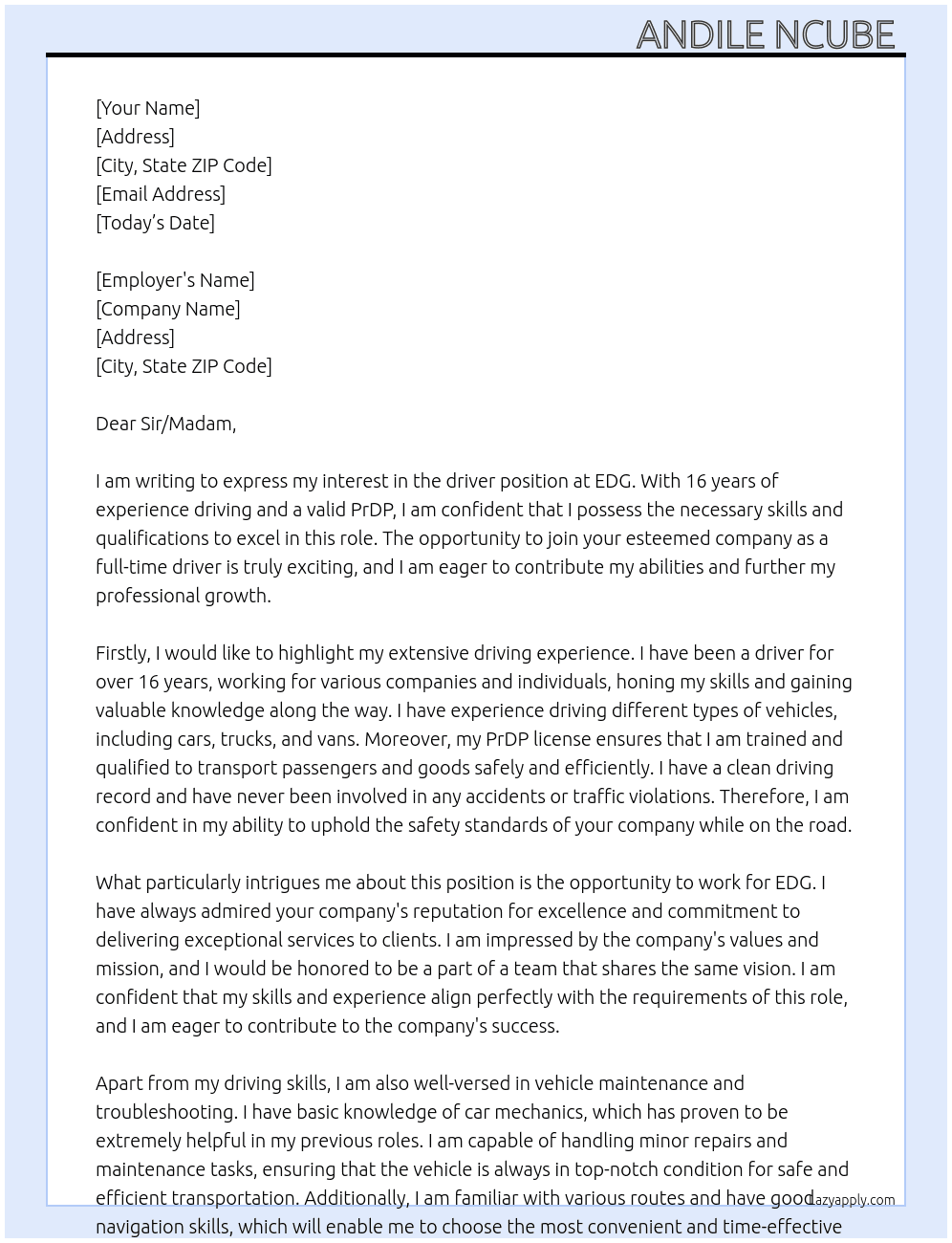 driver At EDG Cover Letter