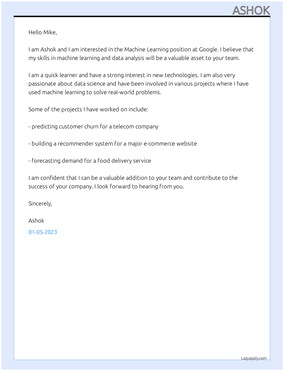 Machine Learning At google Cover Letter