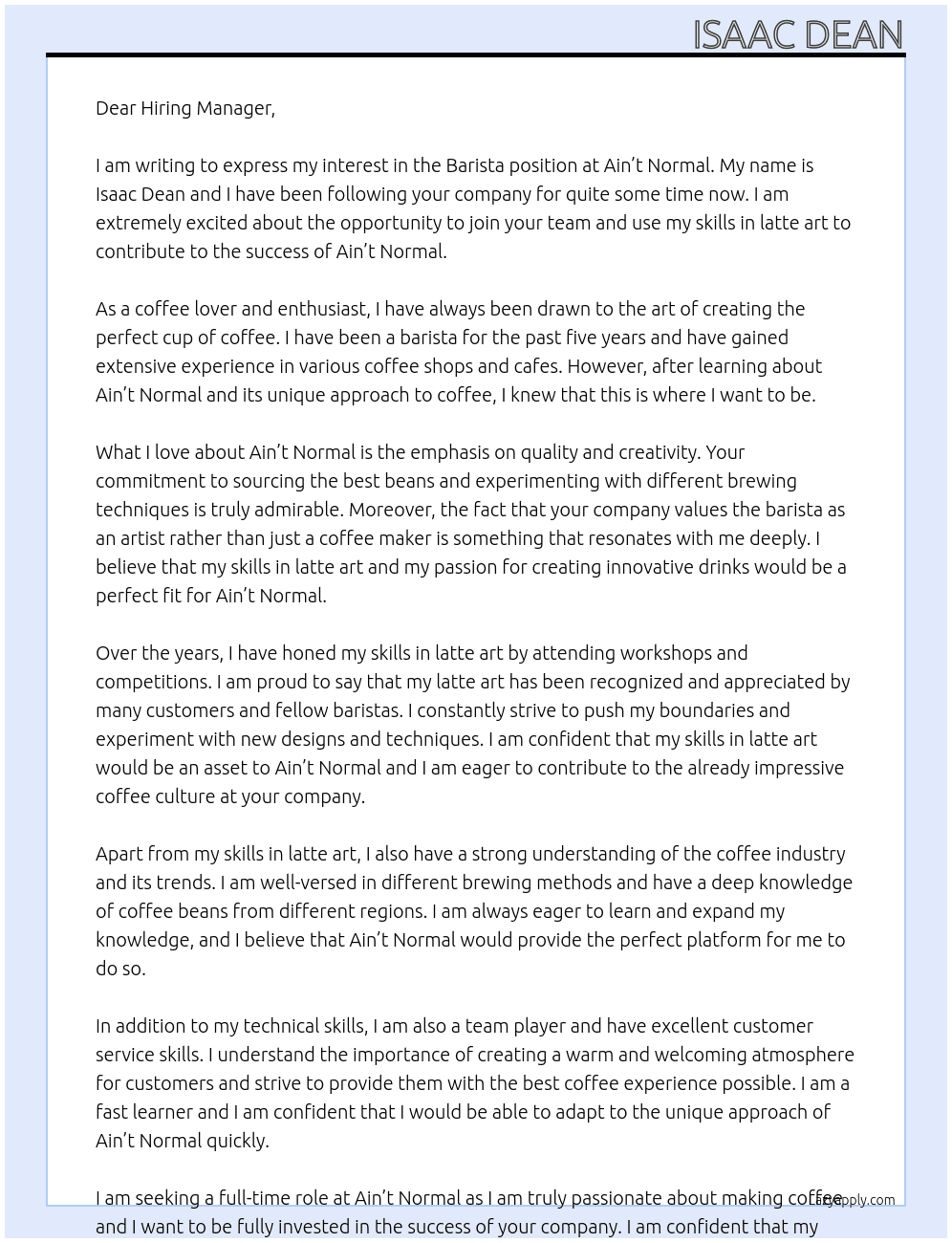 Barista At Ain’t Normal Cover Letter