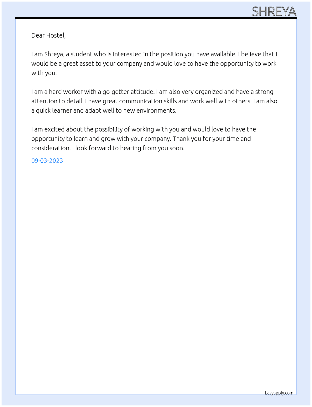 Student At Hostel Cover Letter