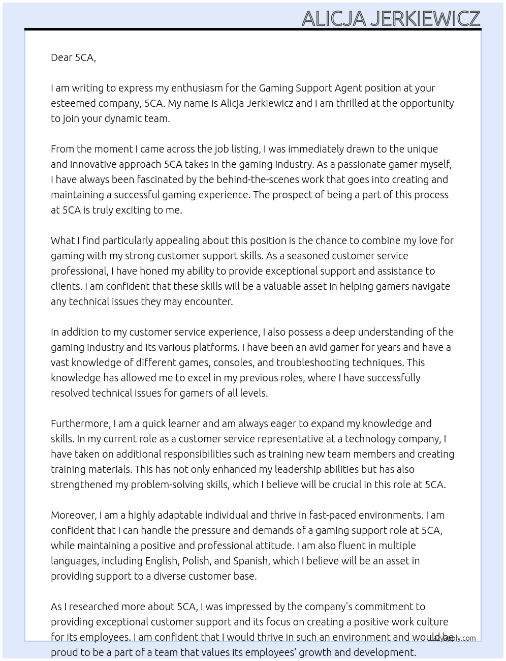 Gaming Support Agent At 5CA Cover Letter
