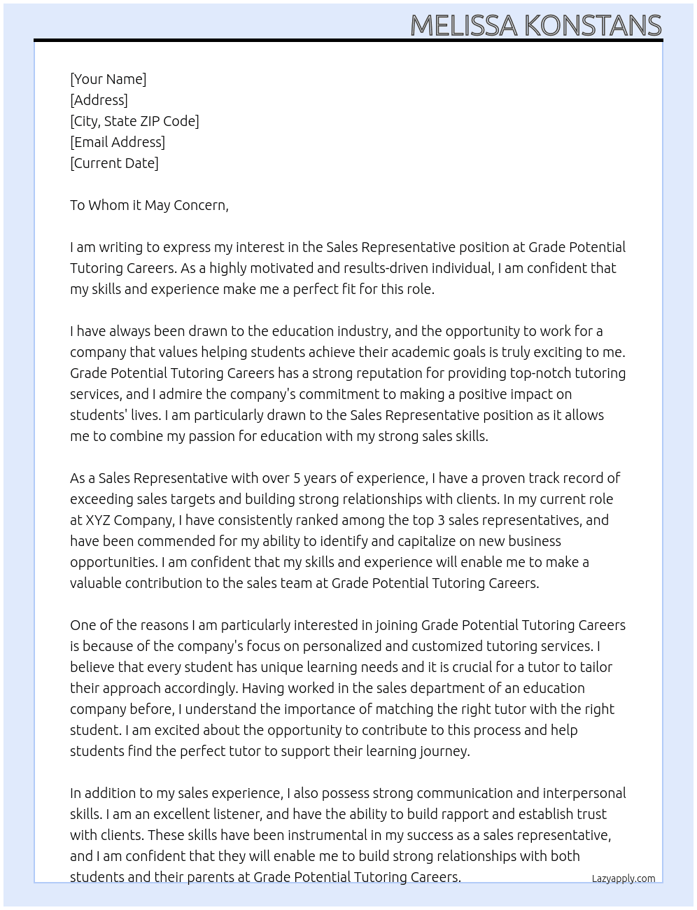Sales Representative At Grade Potential Tutoring Careers Cover Letter