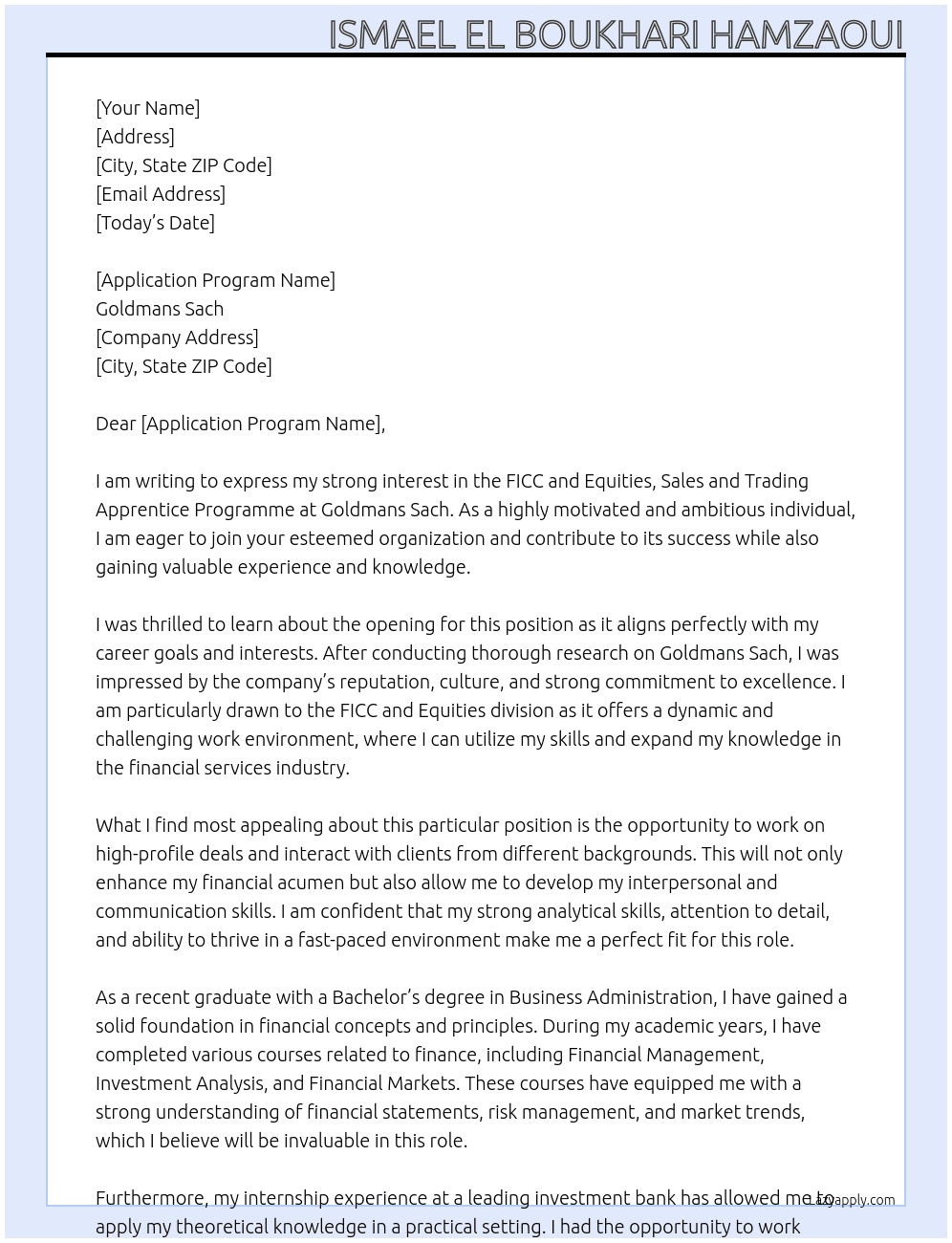 FICC and Equities, Sales and Trading Apprentice Programme At Goldmans Sach Cover Letter