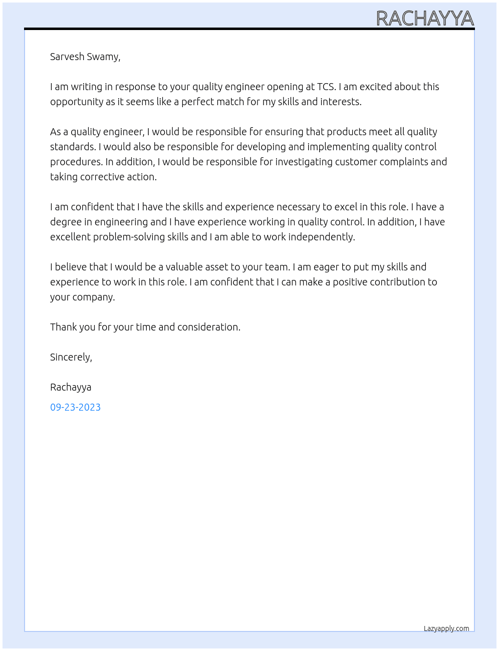 Quality Engineer At TCS Cover Letter