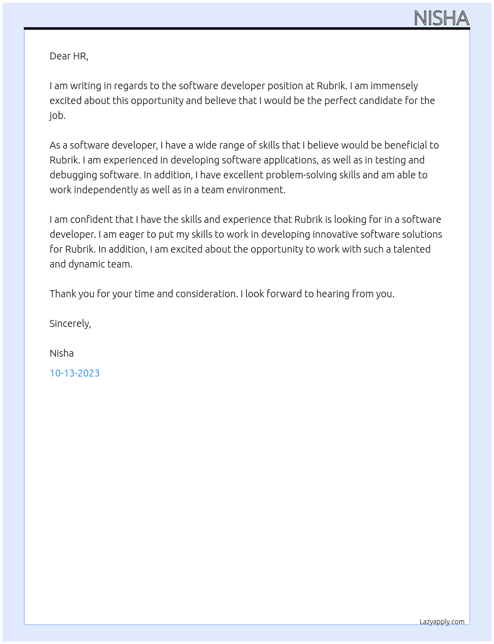software developer At Rubrik Cover Letter