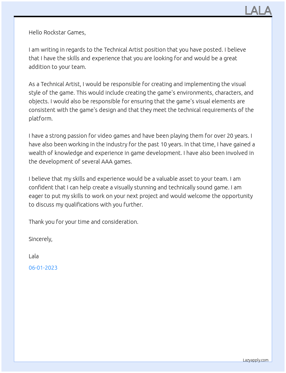 Technical Artist At Rockstar Games Cover Letter
