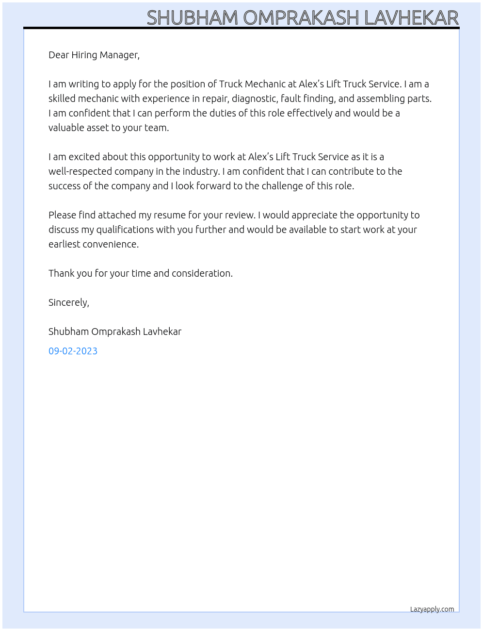 Truck Mechanic  At Alex’s Lift Truck Service Cover Letter