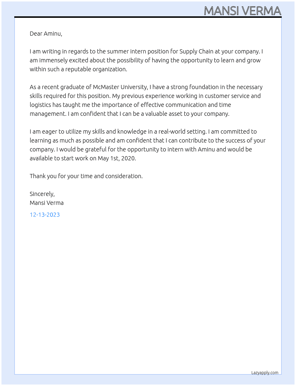 Summer Intern - Supply Chain At Aminu Cover Letter