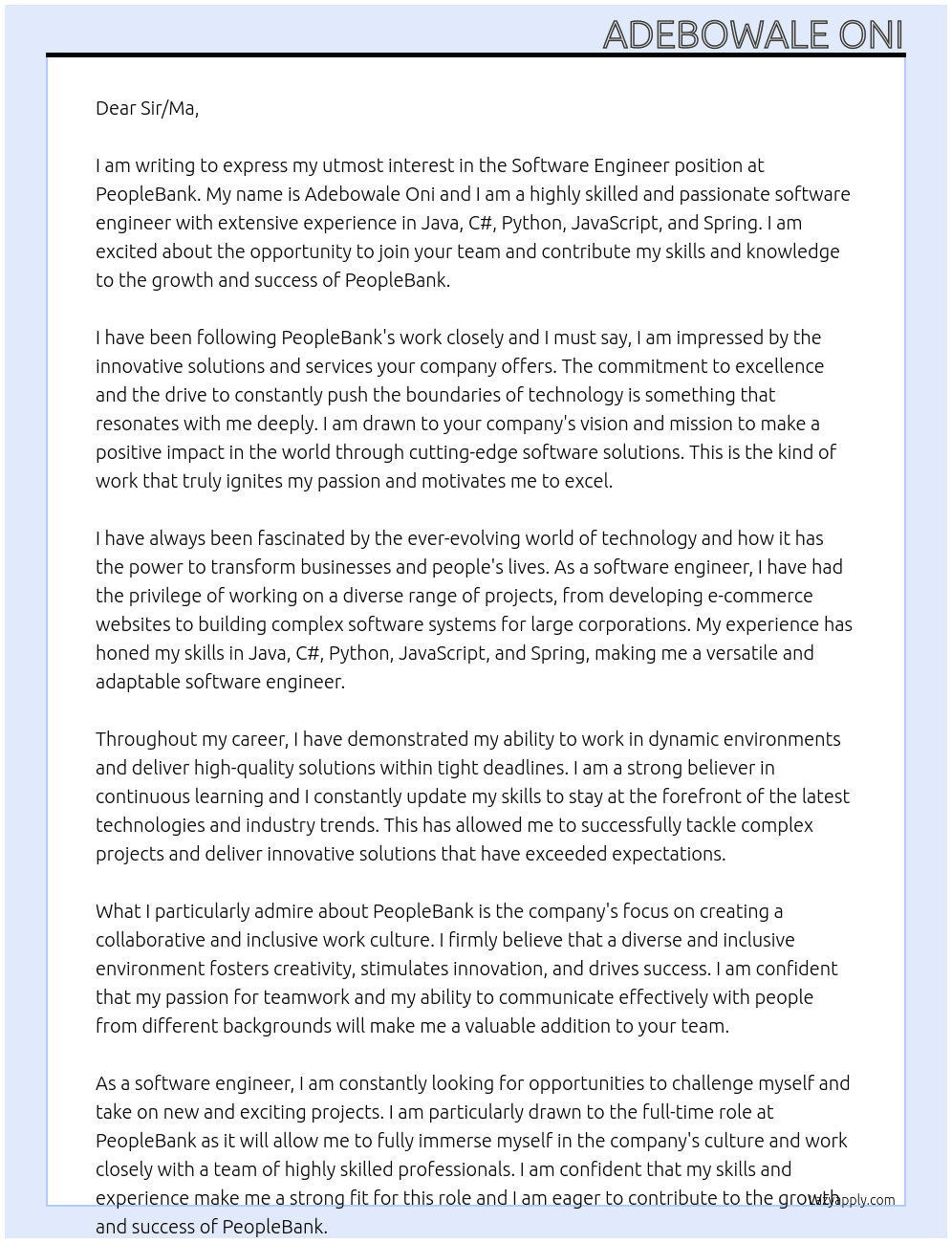 Software engineer At peoplebank Cover Letter