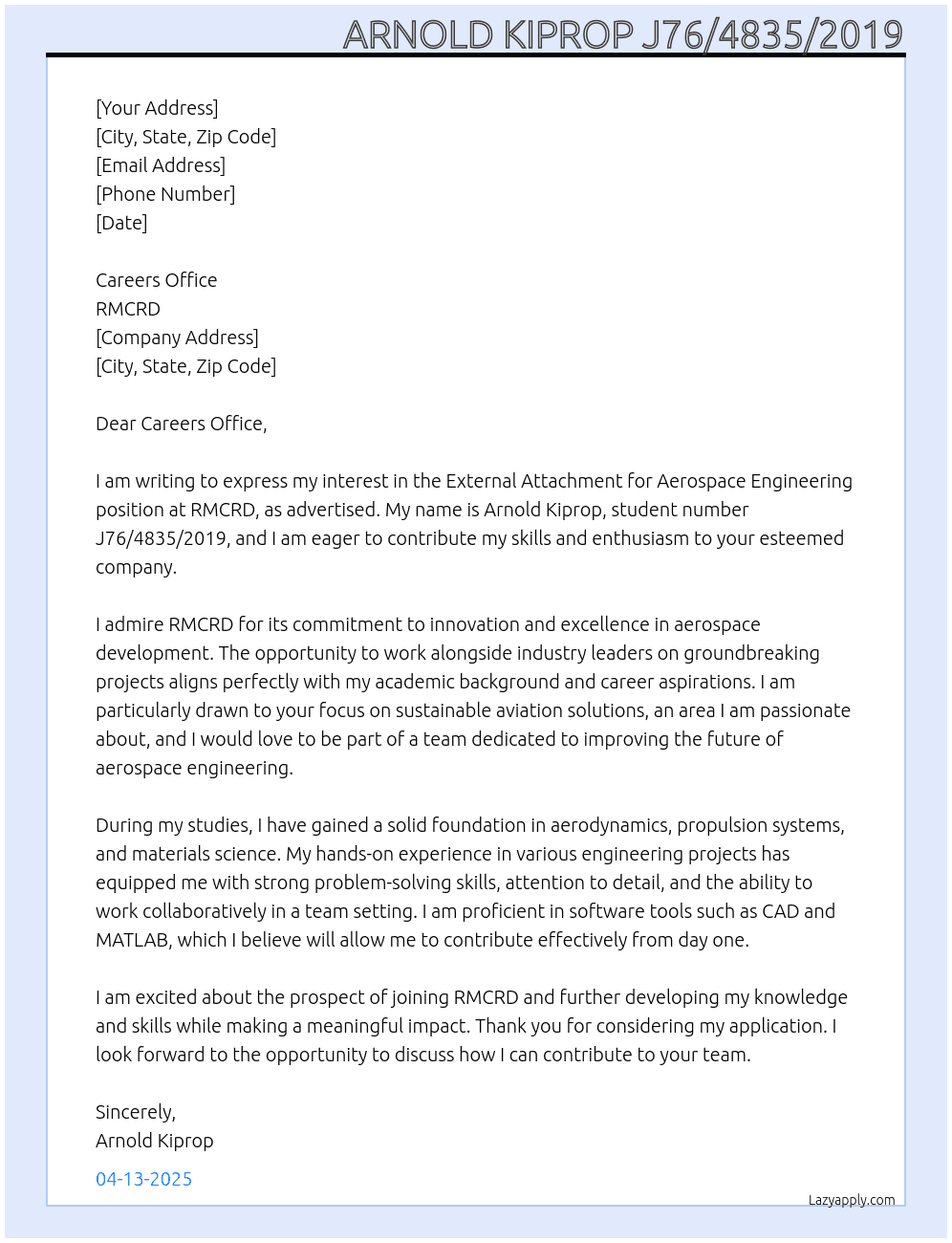 External attachment for aerospace engineering  At RMCRD Cover Letter
