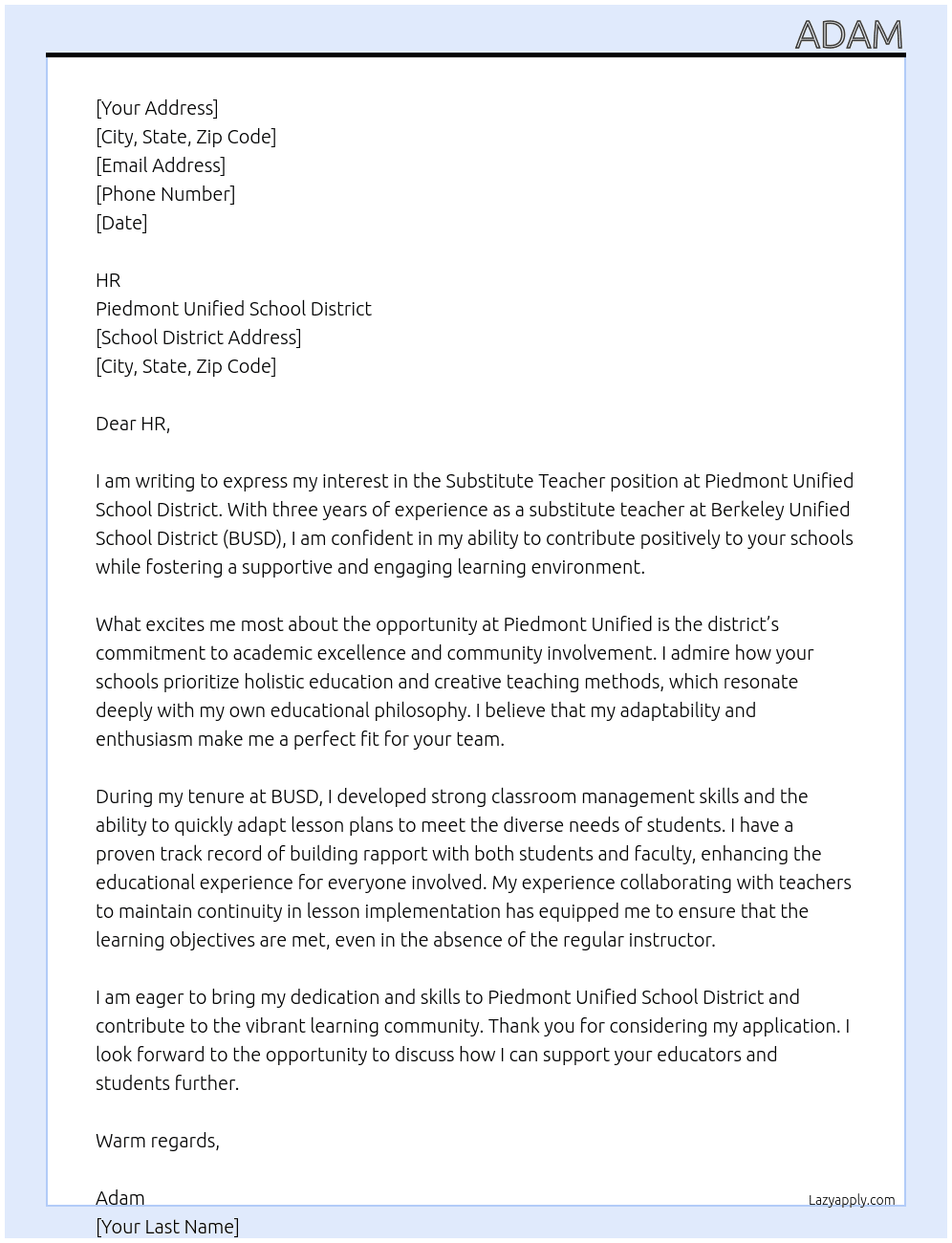 Cover letter for substitue teacher - LazyApply